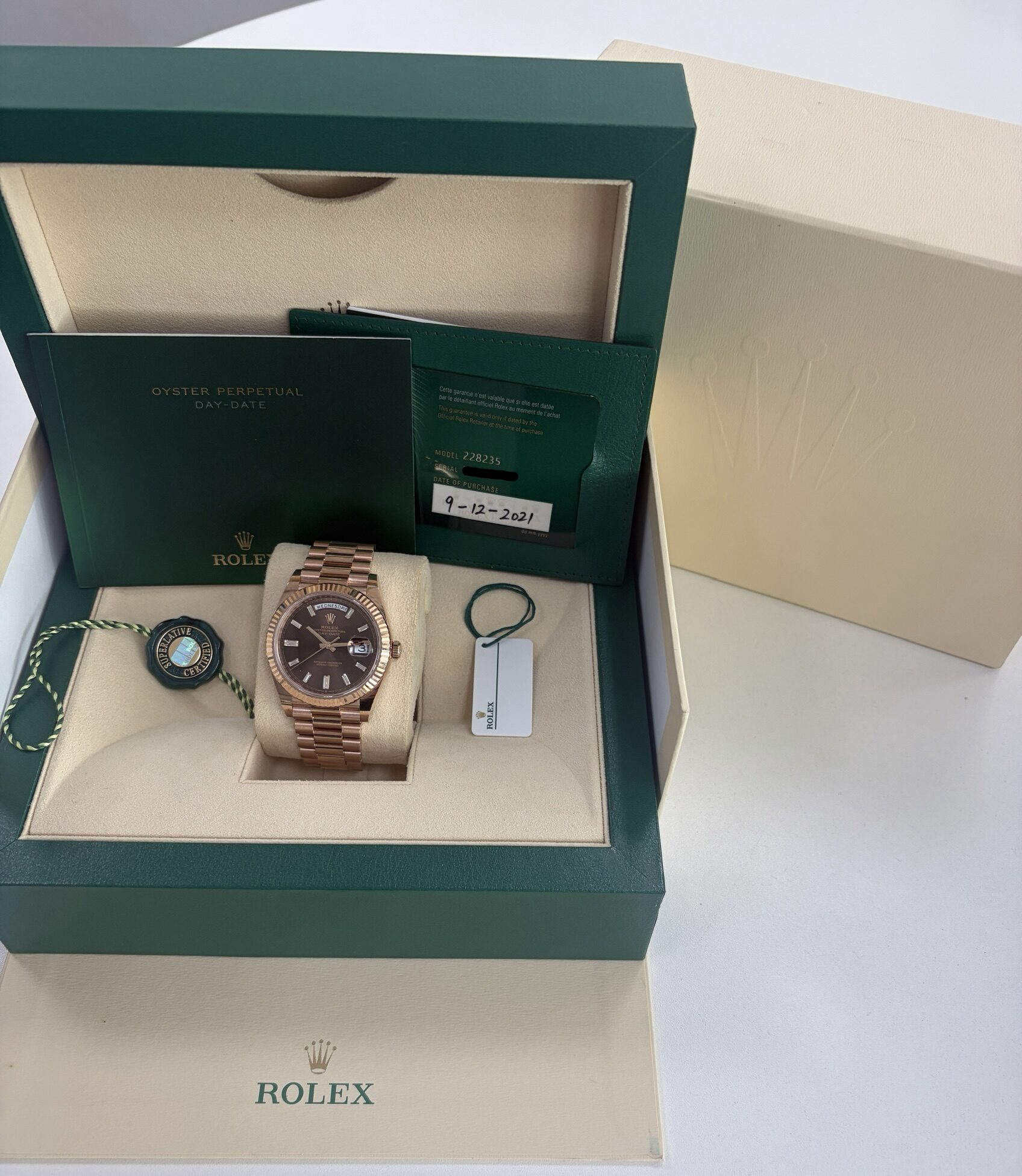 Rolex Day-Date 40 Rose Gold Chocolate Baguette Dial 2021