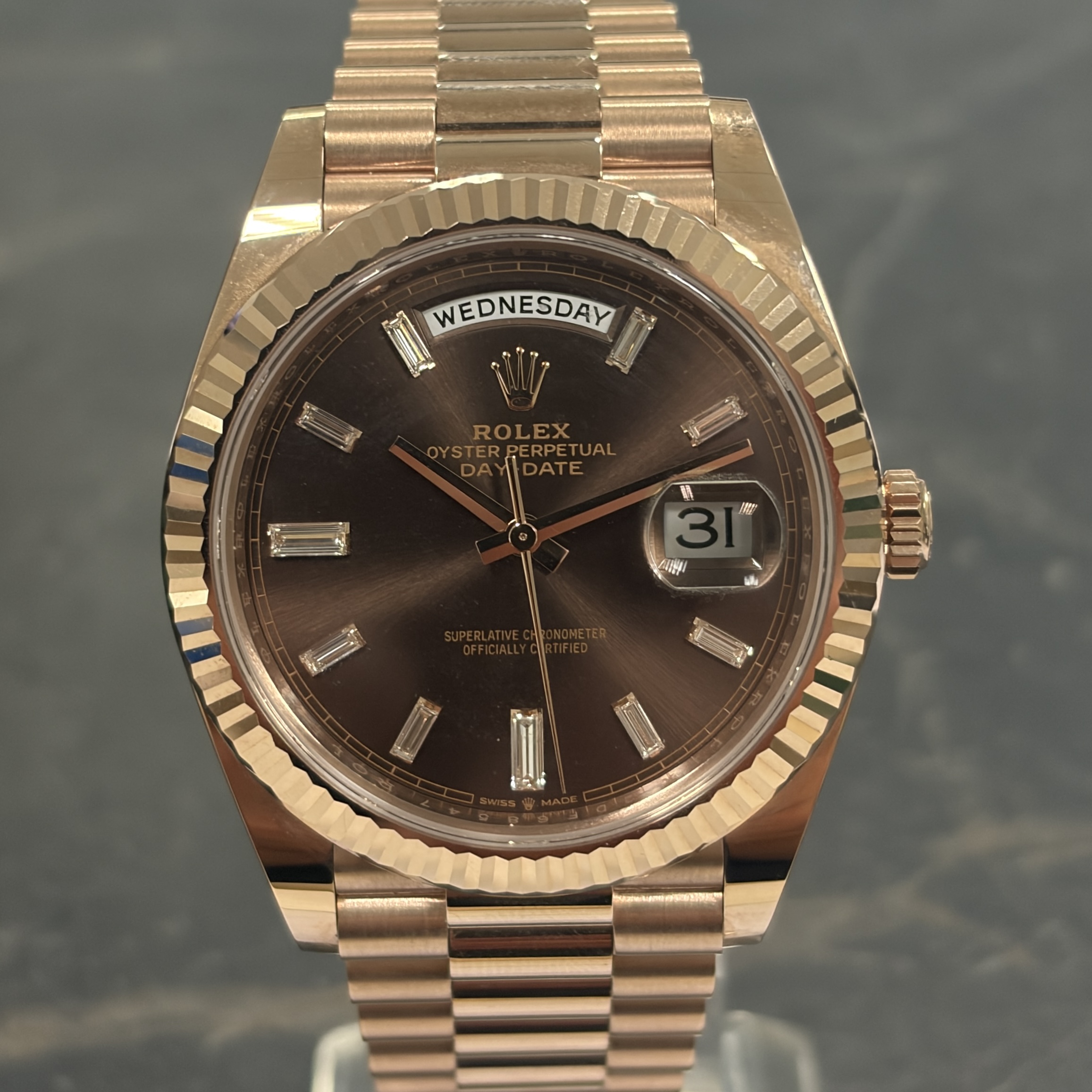 Rolex Day-Date 40 Rose Gold Chocolate Baguette Dial 2021