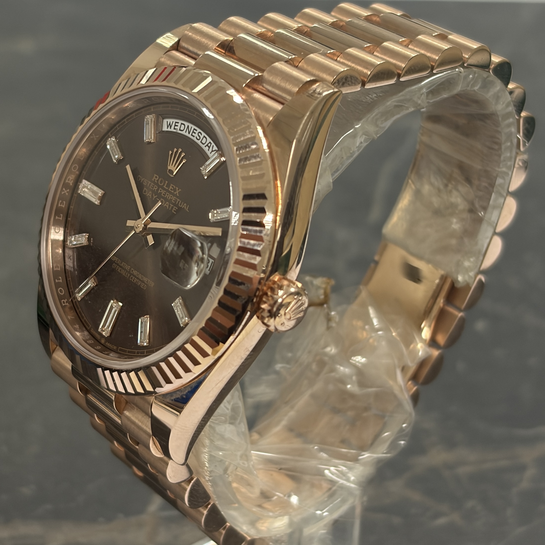 Rolex Day-Date 40 Rose Gold Chocolate Baguette Dial 2021