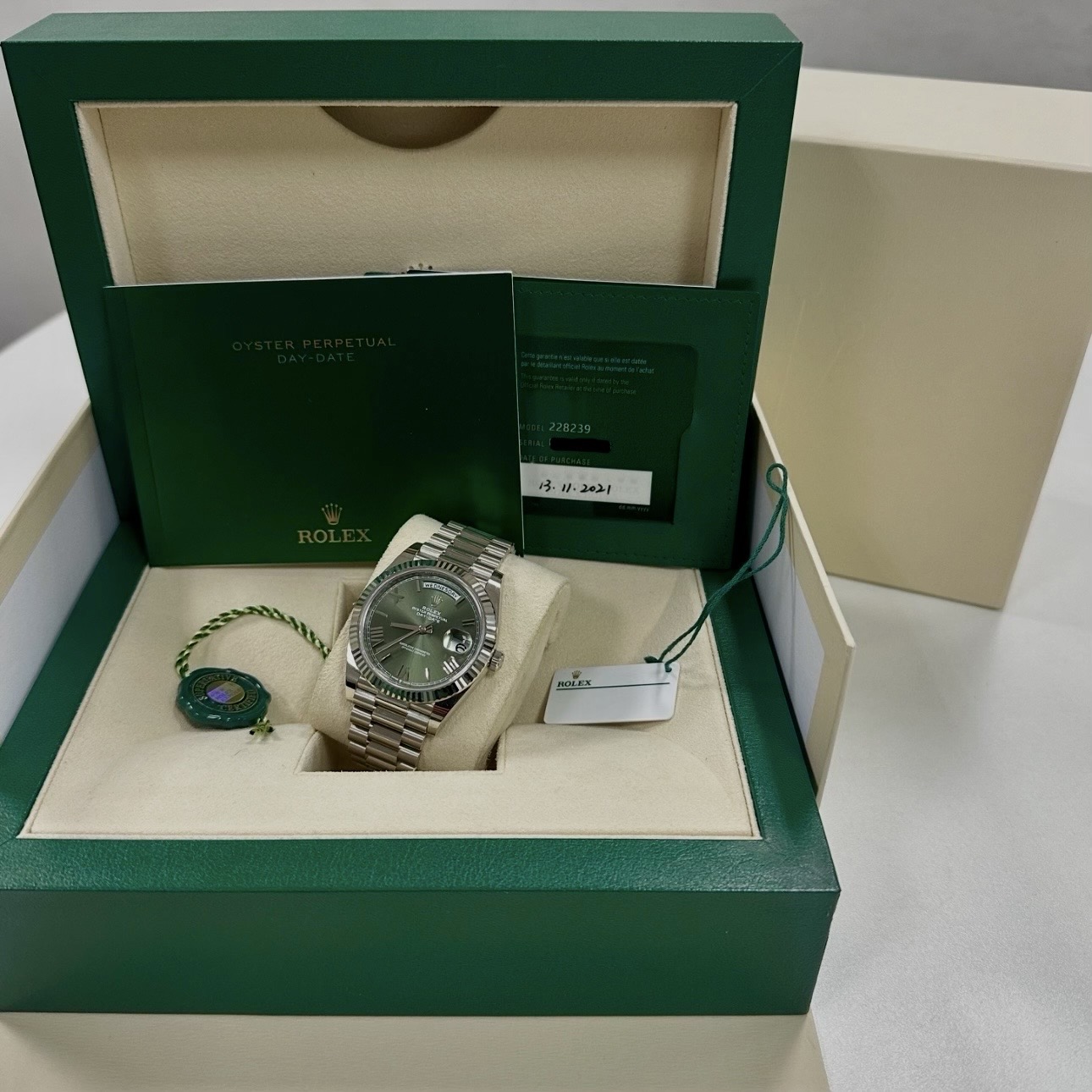 Rolex Day-Date 40 Olive  Dial White Gold - 228239- 2021 - Unworn