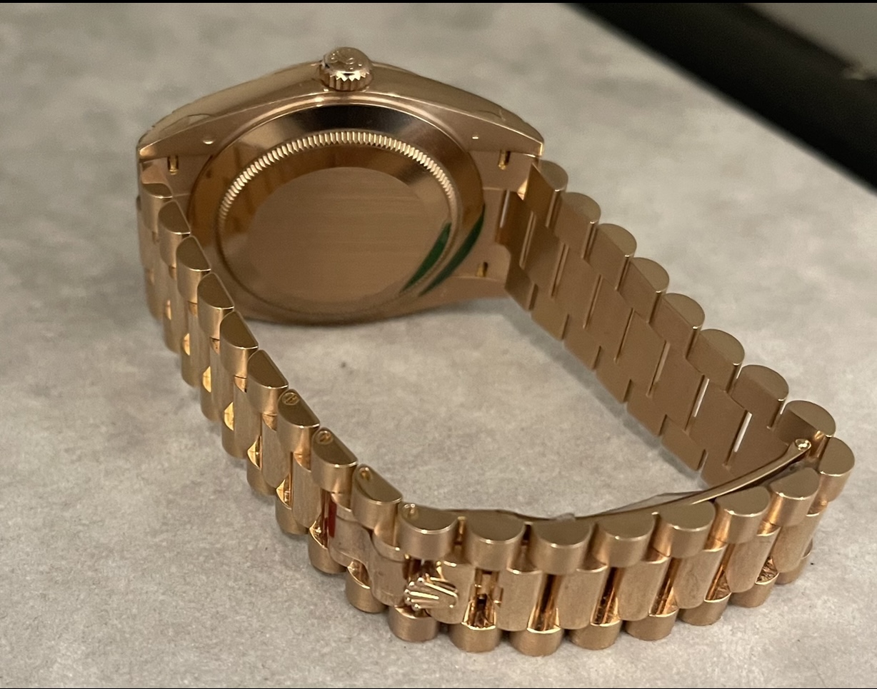 Rolex Day-Date 40 Rose Gold Chocolate Baguette Dial 2019 Full Stickers Unworn