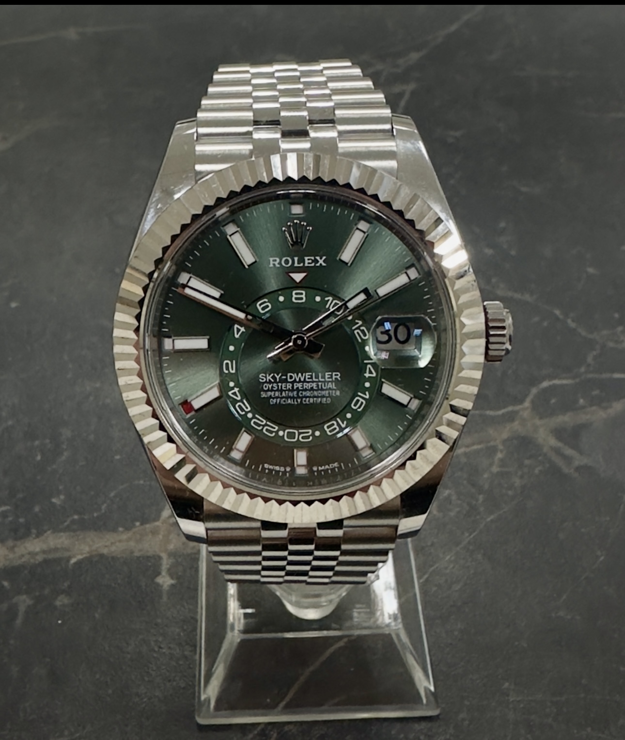 Rolex Sky Dweller Steel Green Dial Jubilee 2024 336934 Atlas Watches London