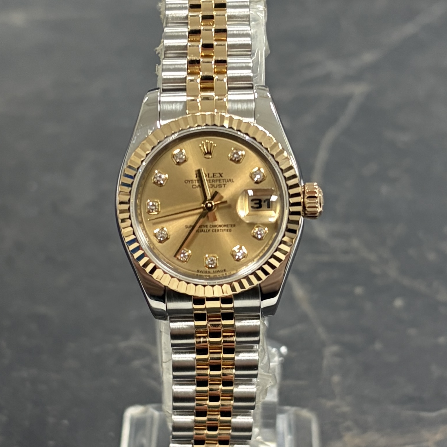 IMG_1045 Rolex Datejust 26mm Steel & Gold Champagne Diamond Dial 179173