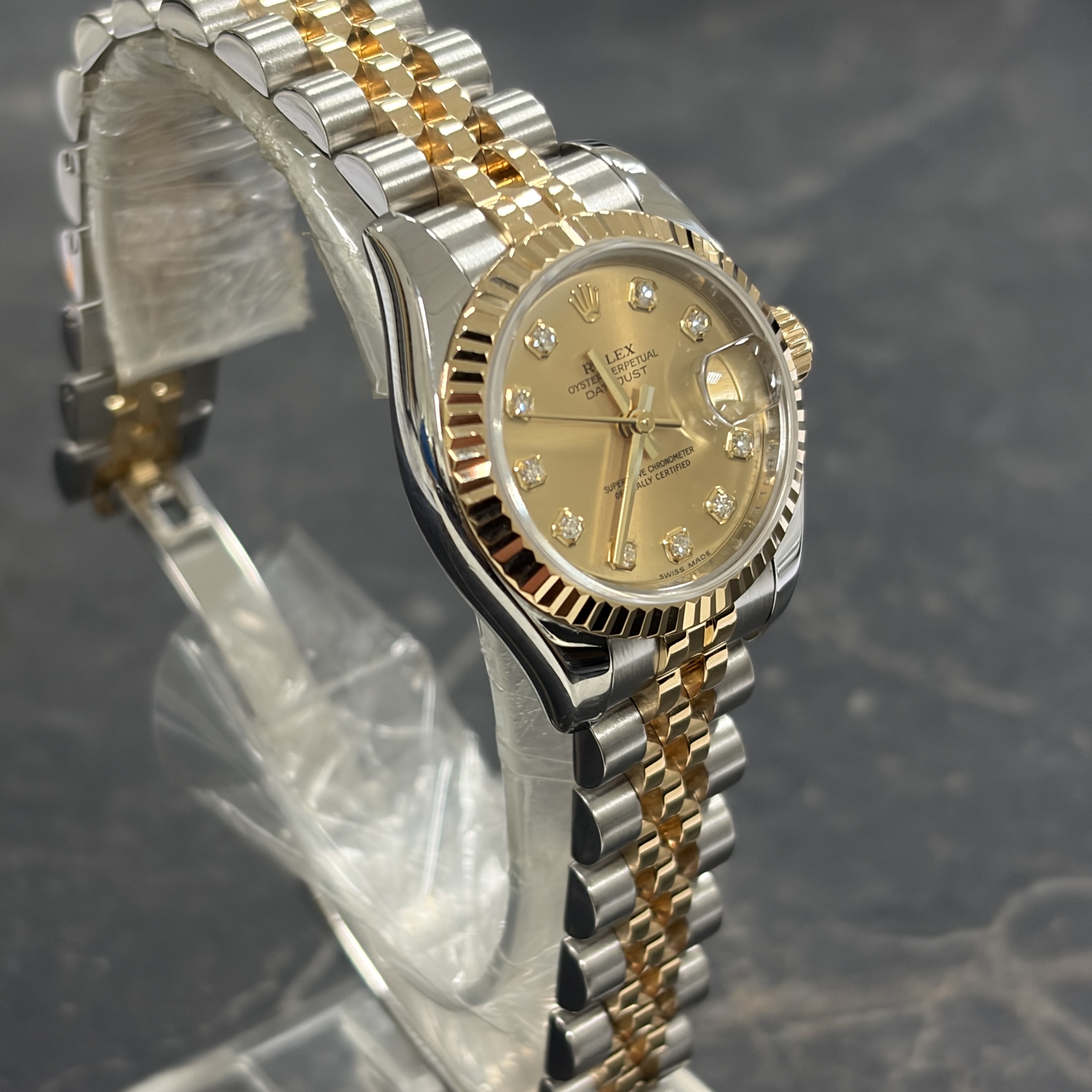 IMG_1046 Rolex Datejust 26mm Steel & Gold Champagne Diamond Dial 179173