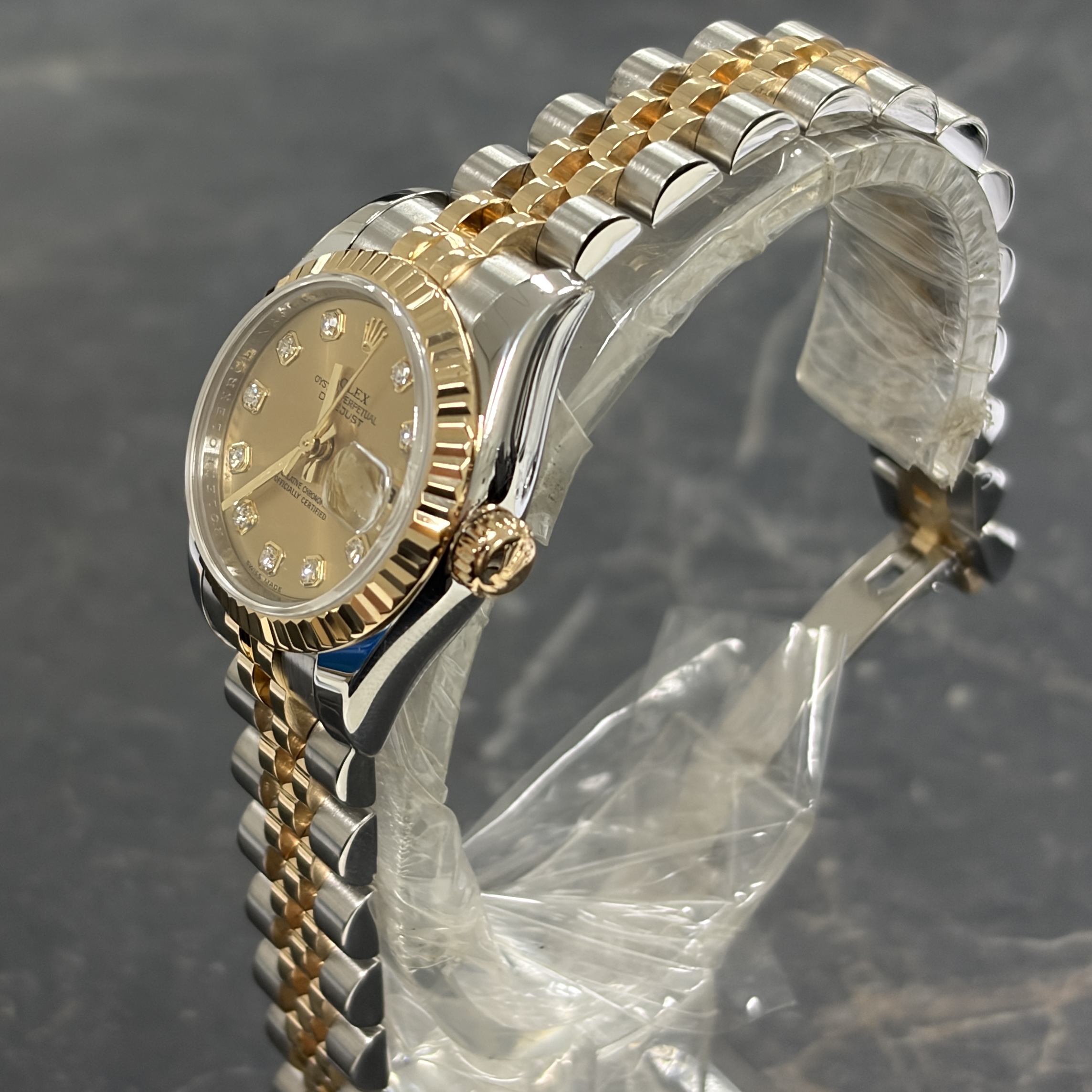IMG_1048 Rolex Datejust 26mm Steel & Gold Champagne Diamond Dial 179173