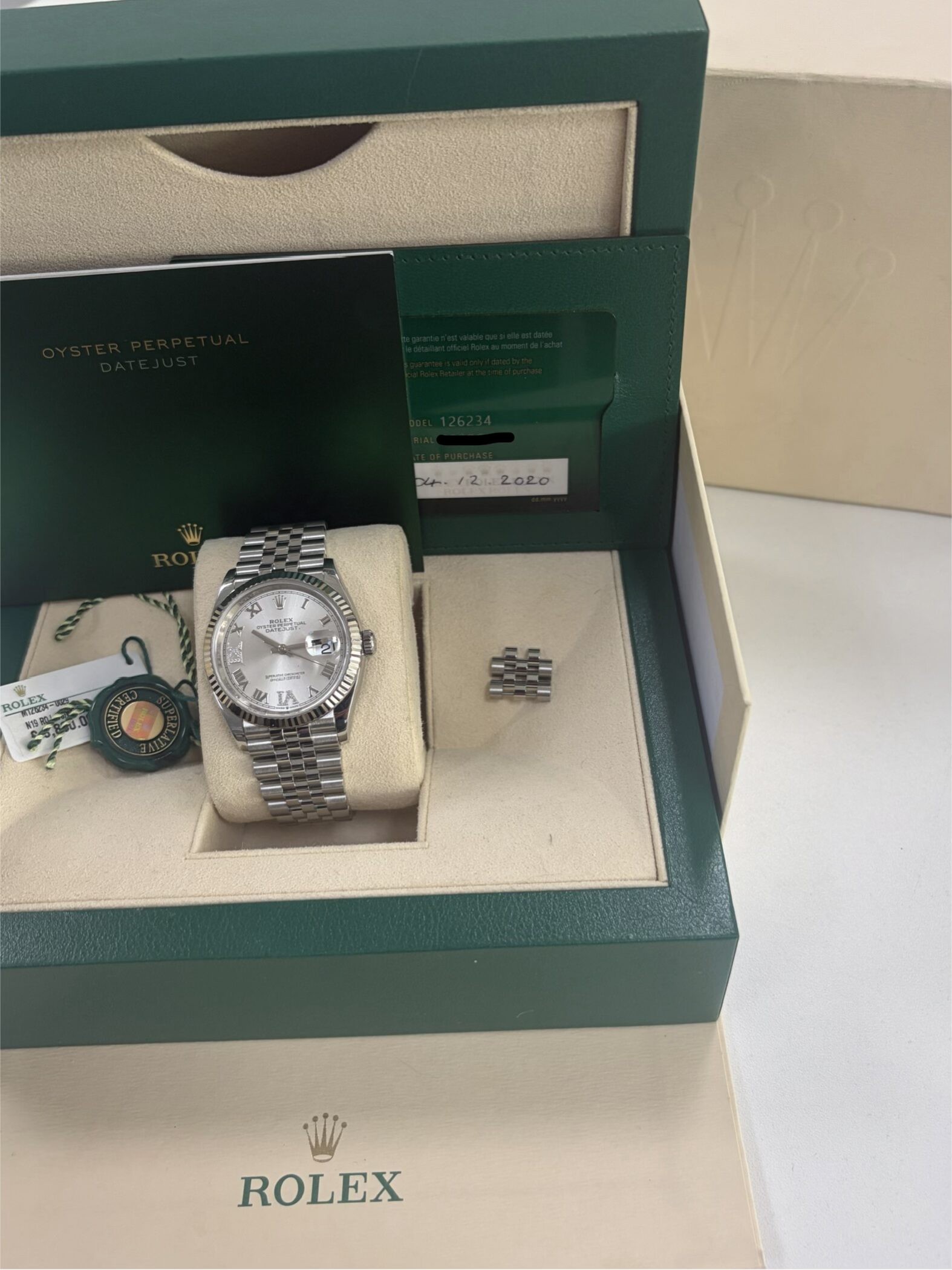 IMG_1716 Rolex Datejust 36 126234 Silver Diamond Dial Jubilee 2020 Full Set